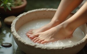 Bain de pieds relaxant avec vinaigre blanc et éléments naturels