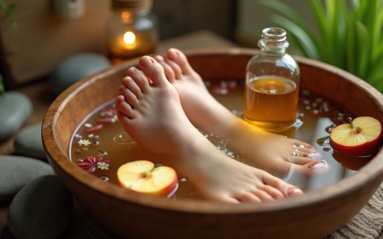 Bain de pieds relaxant avec vinaigre de cidre dans une bassine en bois, ambiance naturelle.
