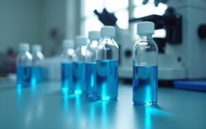 Flacons de bleu de méthylène dans un laboratoire médical, symbolisant ses usages médicaux.