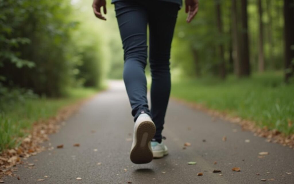 Personne marchant et mesurant ses pas avec un podomètre dans un cadre naturel.