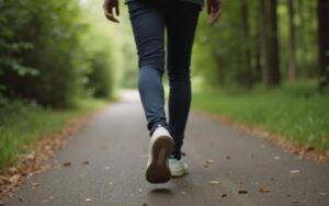Personne marchant et mesurant ses pas avec un podomètre dans un cadre naturel.