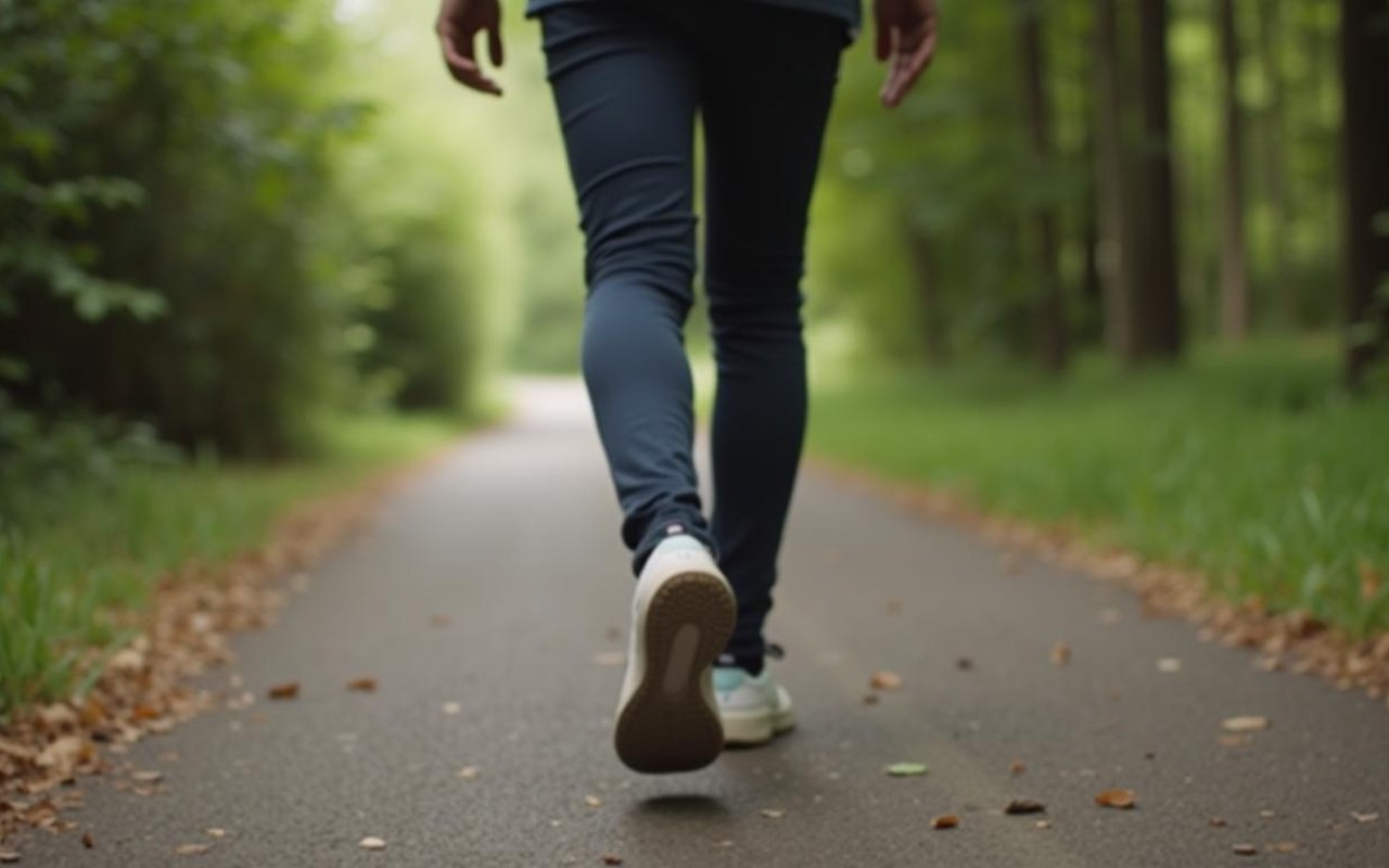 Personne marchant et mesurant ses pas avec un podomètre dans un cadre naturel.
