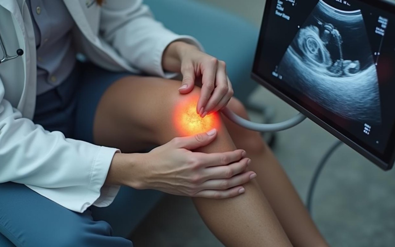 Examen médical d'un kyste poplité sur un genou par un médecin.