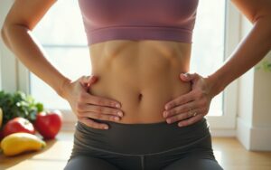 Femme faisant des exercices abdominaux avec des aliments sains à proximité pour une peau tonique.