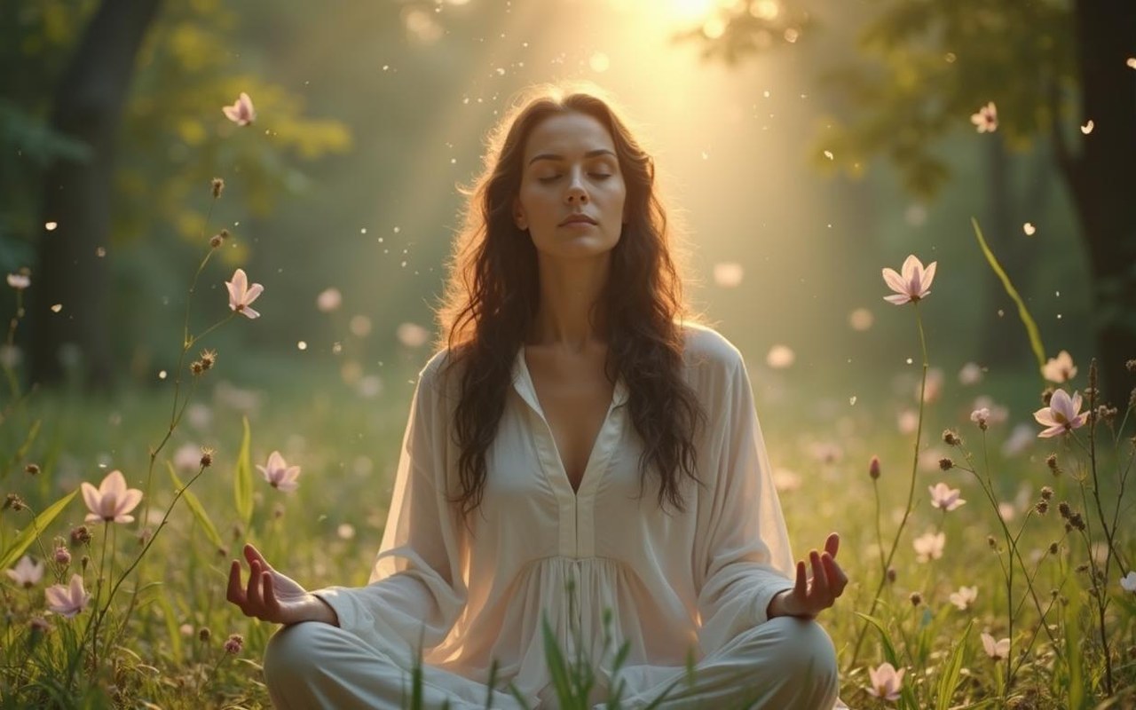 Femme méditant dans la nature, symbolisant l'énergie Yin et l'intuition.