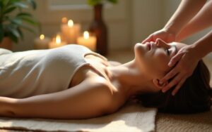 Massage cervical relaxant dans un cadre apaisant avec bougies et plantes