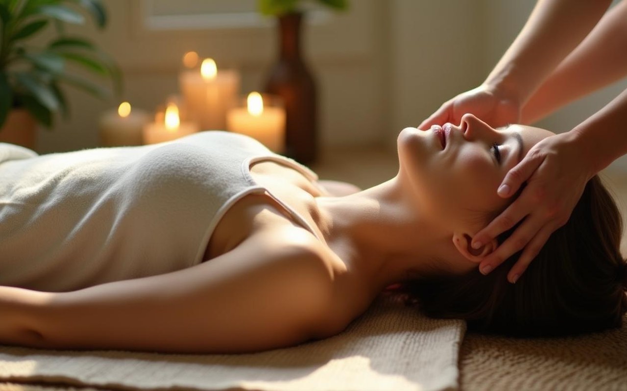 Massage cervical relaxant dans un cadre apaisant avec bougies et plantes