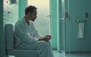 Patient attendant l'effet d'un laxatif dans une salle de bain.