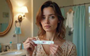 Femme regardant un test de grossesse dans une salle de bain, entre doute et espoir.