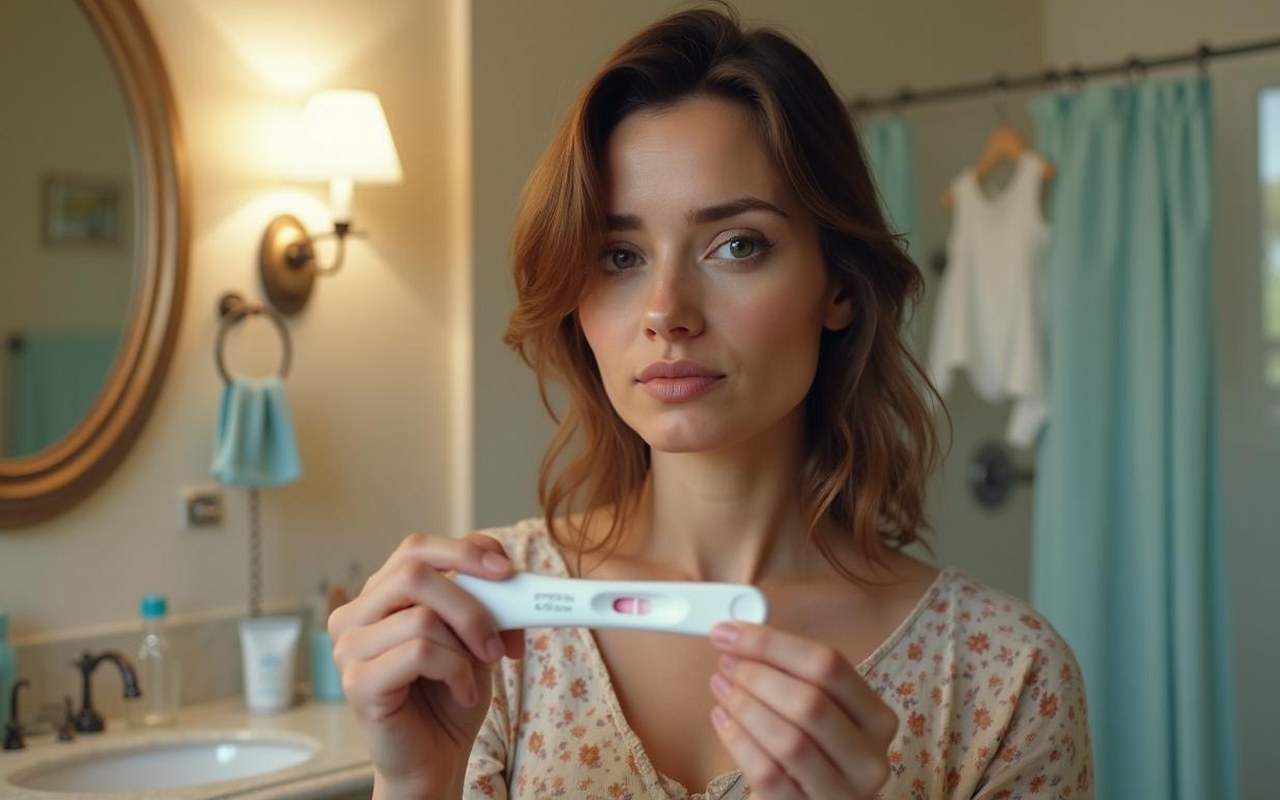 Femme regardant un test de grossesse dans une salle de bain, entre doute et espoir.