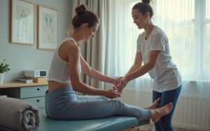 Un kinésithérapeute aide un patient à étirer le psoas dans un cabinet de kinésithérapie.