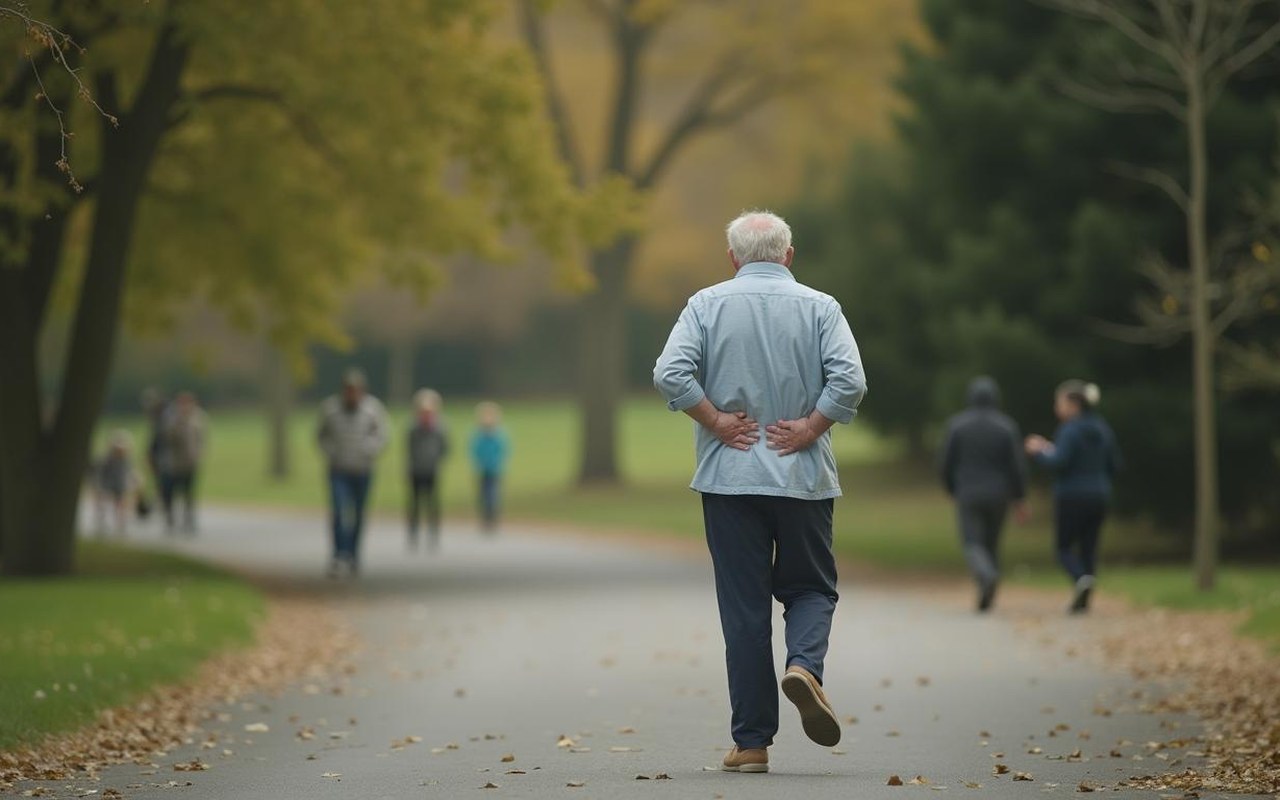 Personne marchant avec douleur à la hanche dans un parc.