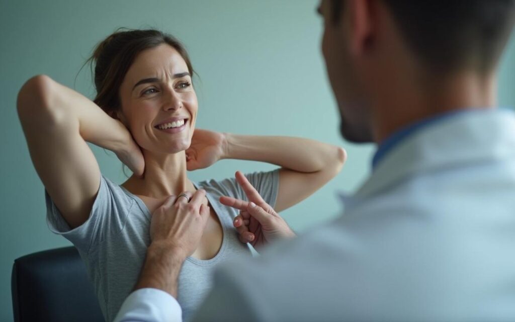 Patient levant le bras avec douleur lors d'une consultation médicale.