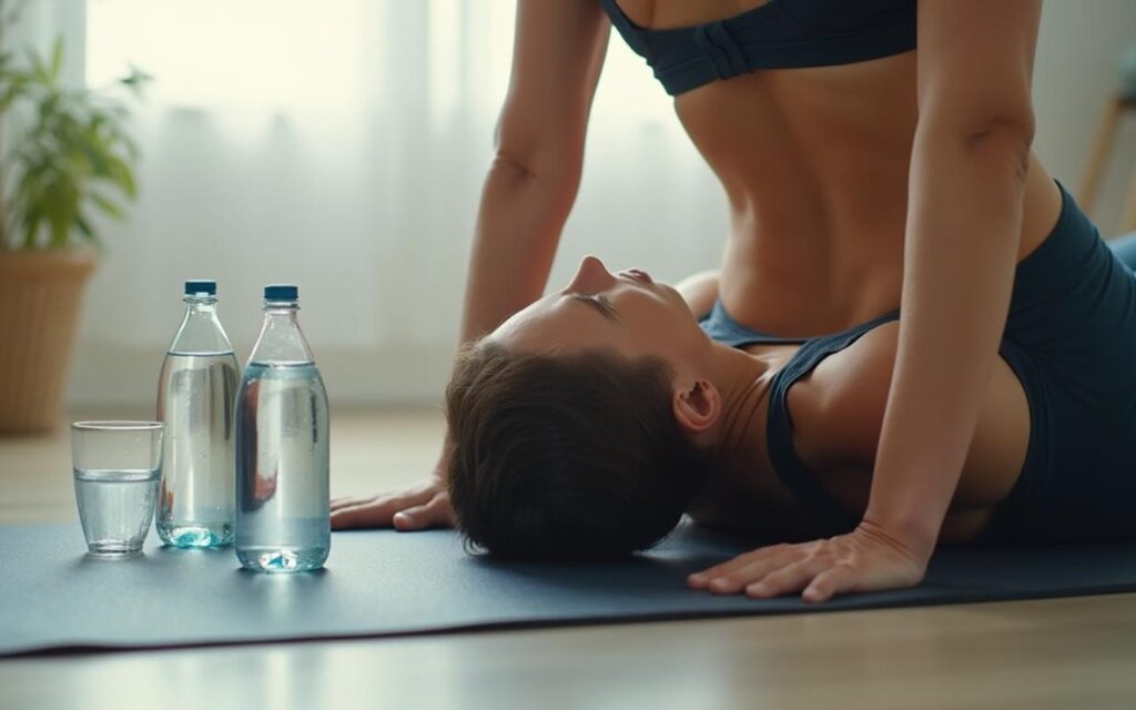Personne s'étirant le bas du dos sur un tapis de yoga, avec des bouteilles d'eau à côté.