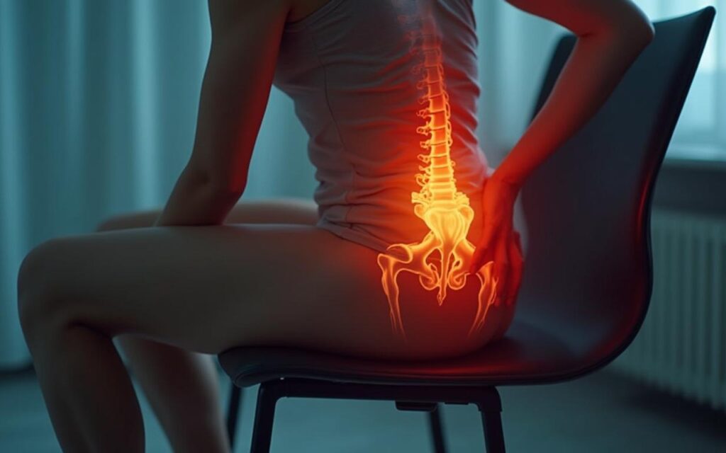 Personne assise avec douleur fessière, illustrant la sciatique et l'anatomie du nerf sciatique.