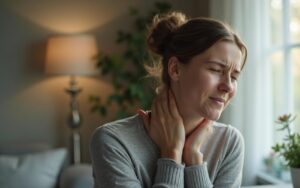 Personne ressentant une douleur au cou à la maison, illustrant le torticolis