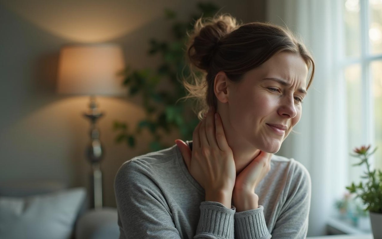 Personne ressentant une douleur au cou à la maison, illustrant le torticolis