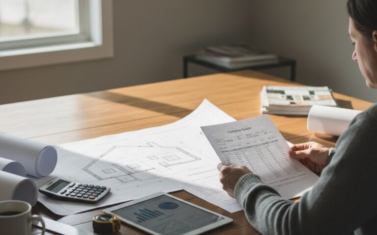 Propriétaire analysant des devis de rénovation avec des plans et des outils de calcul.